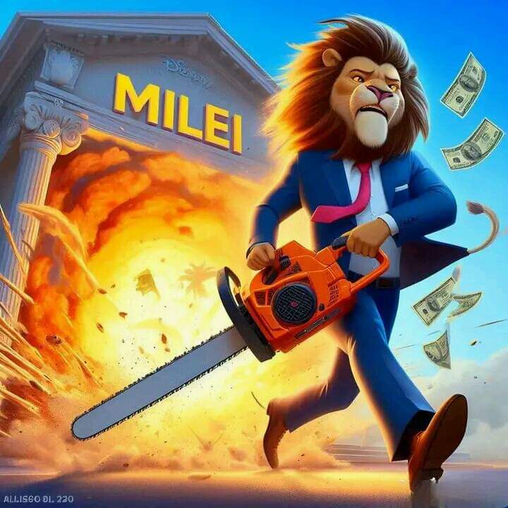 Javier Milei, ejemplificado como un león que viene a dinamitar todo.