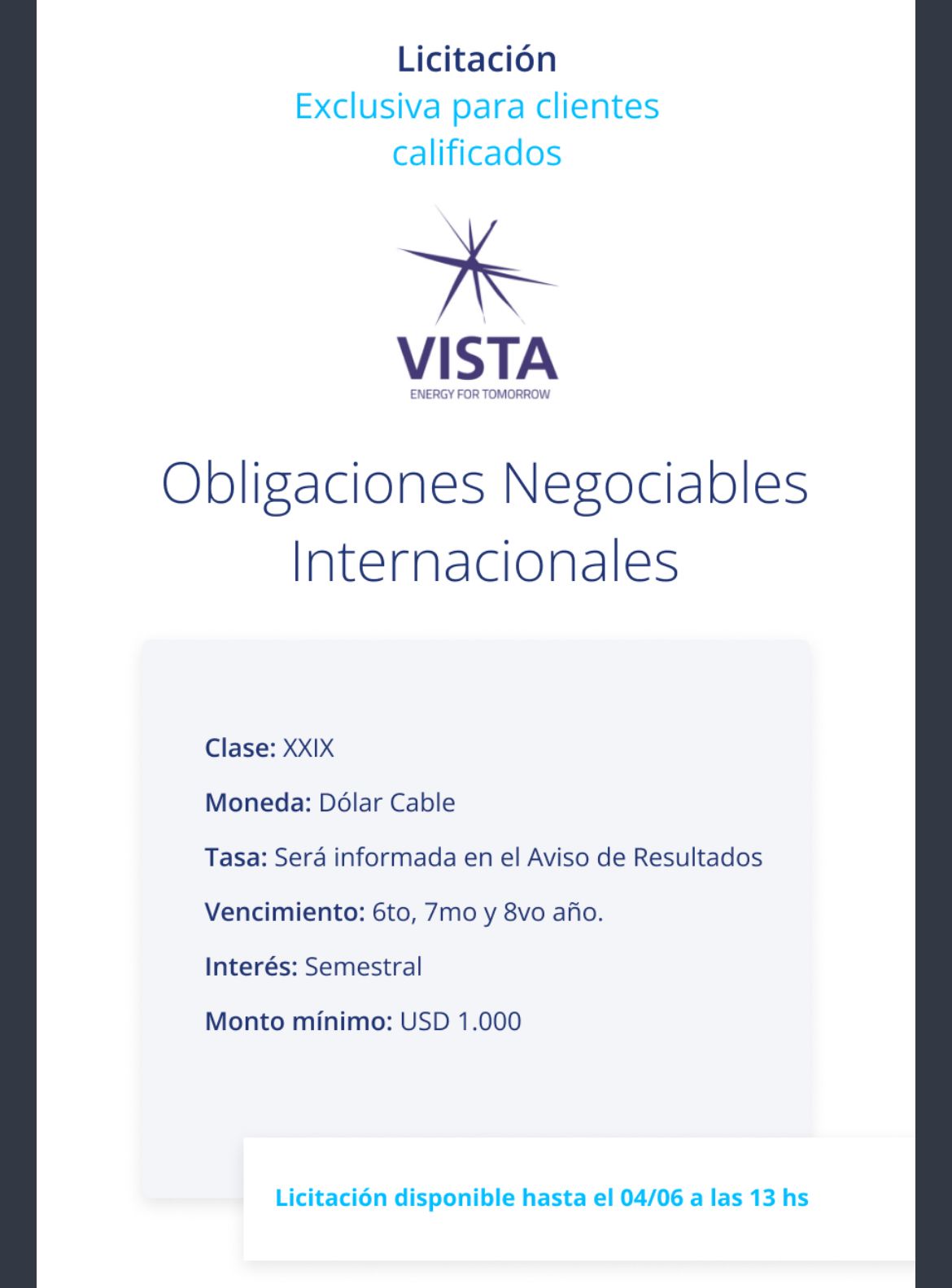 Nueva ON de Vista (Fuente: Balanz)