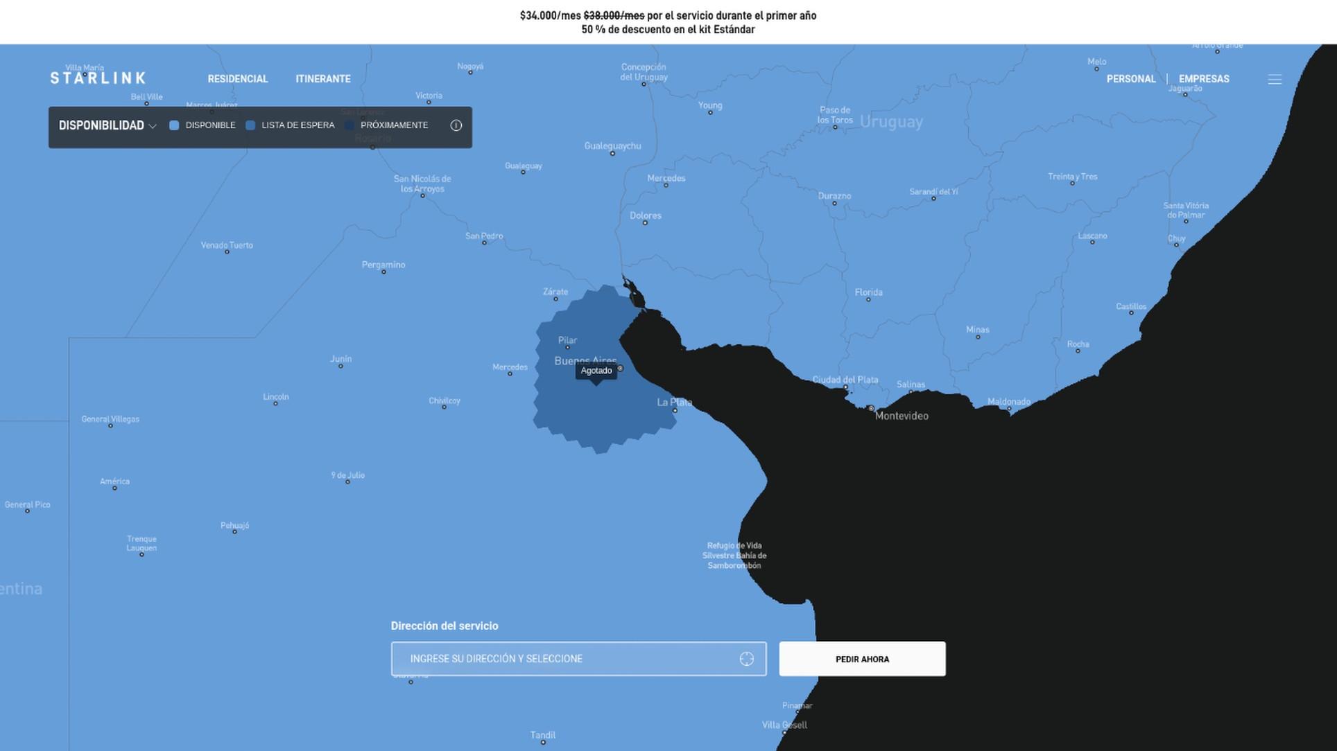 Starlink permite ingresar la dirección o navegar el mapa para consultar disponibilidad