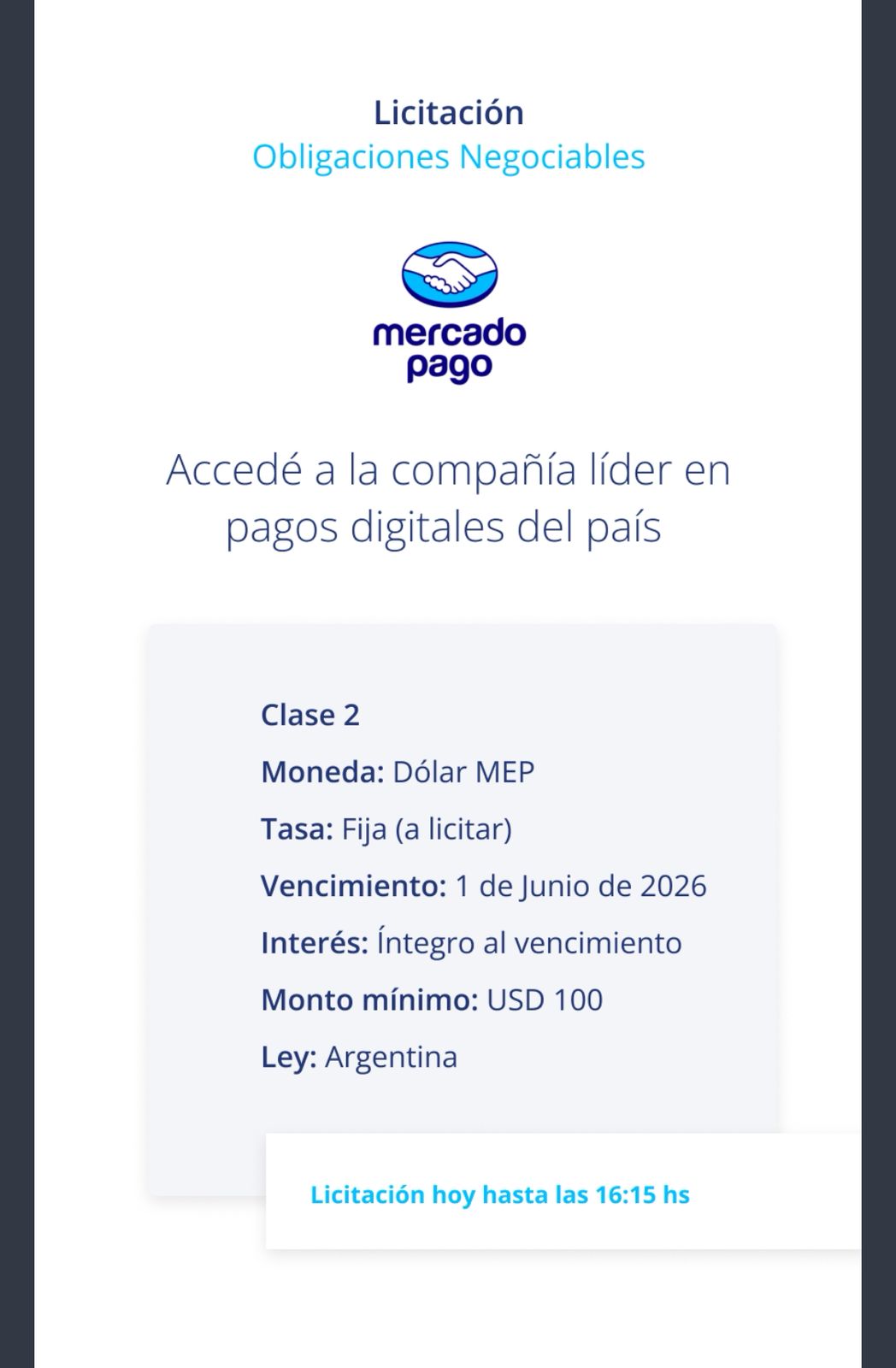 La nueva ON de Mercado Pago