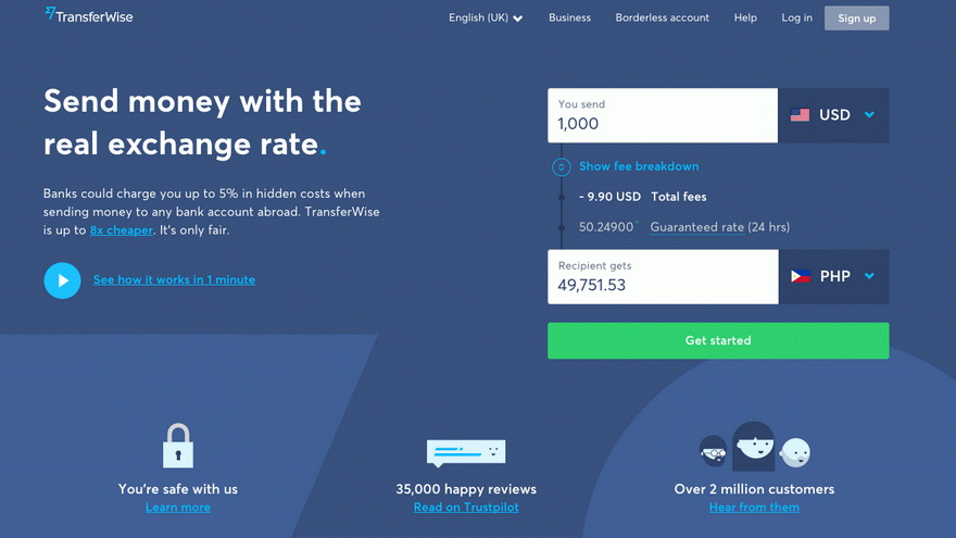 Detalle de la plataforma de Transferwise
