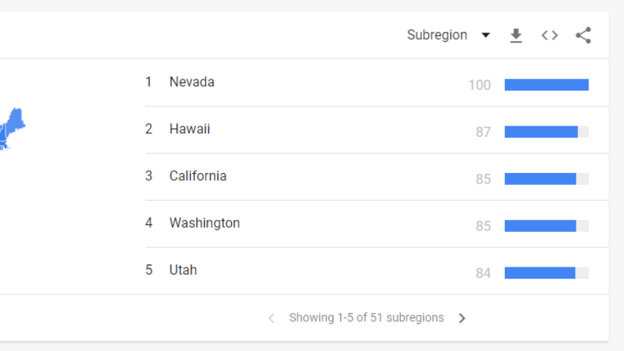Interés de búsqueda de Bitcoin por subregión en EE.UU. Fuente: Google Trends
