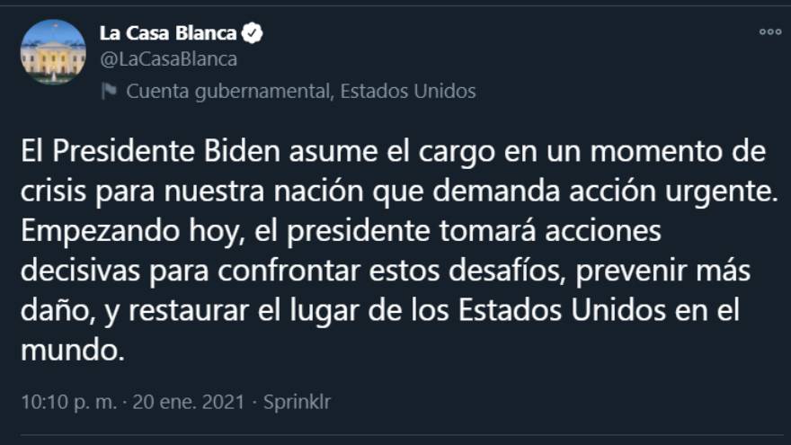 Primer tweet en español de la cuenta de la Casa Blanca