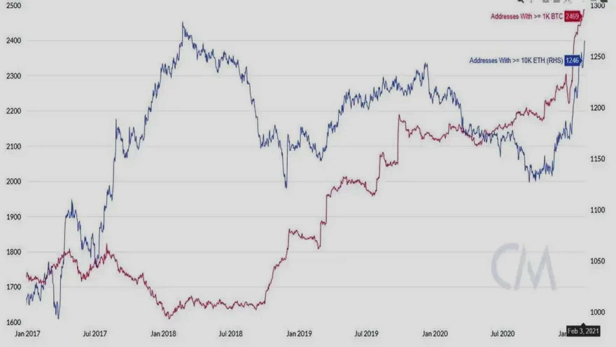 Este gráfico muestra el número de direcciones que poseen al menos 1.000 BTC en comparación con el número que poseen al menos 10.000 ETH. Fuente: CoinMetrics.