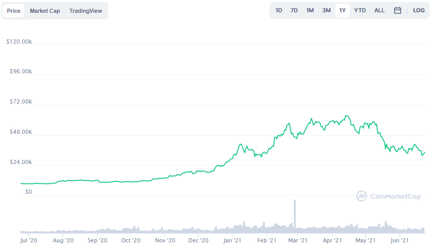 La variación del precio del Bitcoin en el último año. Fuente: coinmarketcap.com