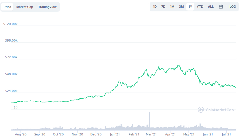 La variación del precio del Bitcoin en el último año. Fuente: coinmarketcap.com