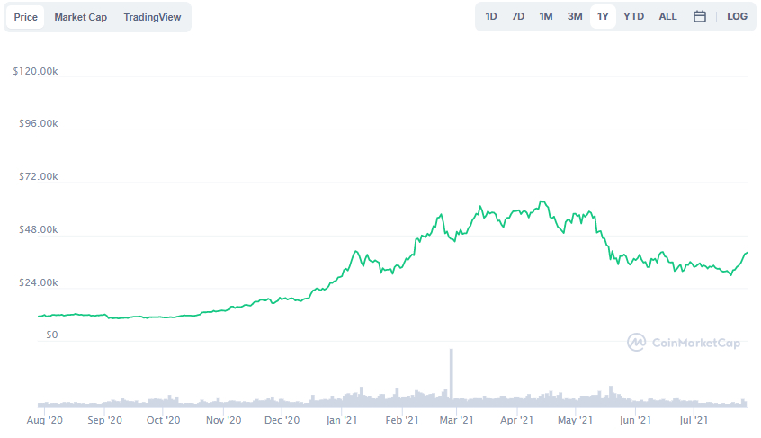 La variación del precio del Bitcoin en el último año. Fuente: coinmarketcap.com