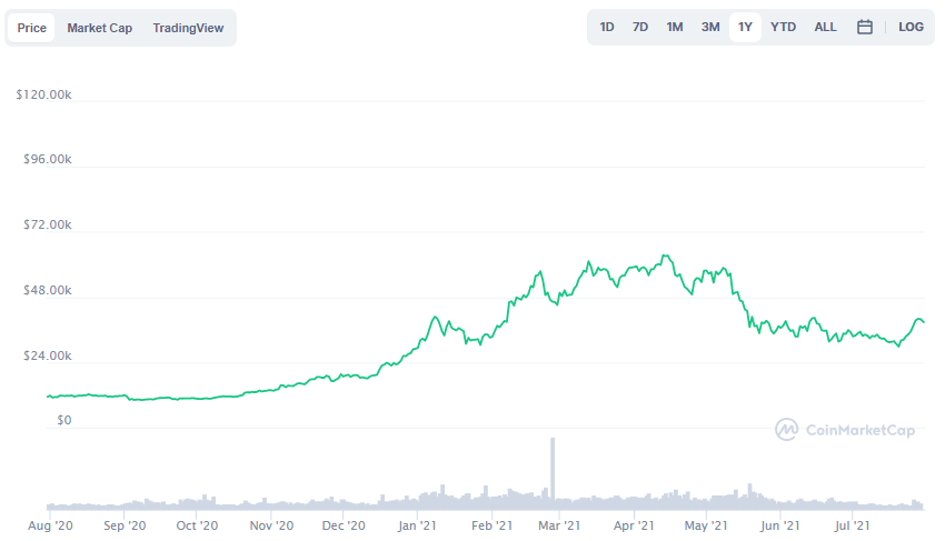 La variación del precio del Bitcoin en el último año. Fuente: coinmarketcap.com