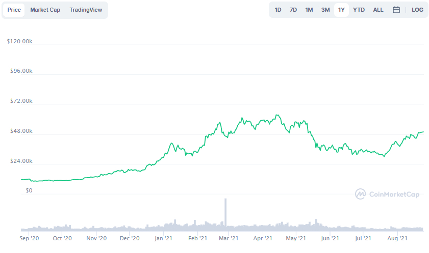 La variación del precio del Bitcoin en el último año. Fuente: coinmarketcap.com.