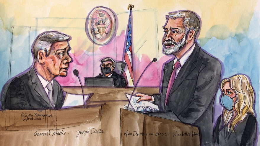 Dibujo del testimonio del exsecretario de Defensa, Jim Mattis, en el juicio contra Holmes