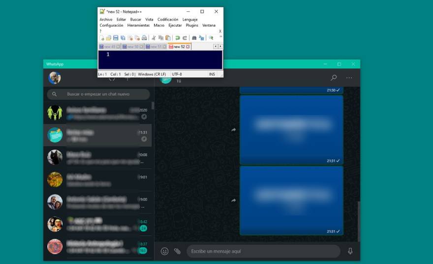 La ventana de WhatsApp, situada en un segundo plano que nos permite ver sin problemas los mensajes según llegan