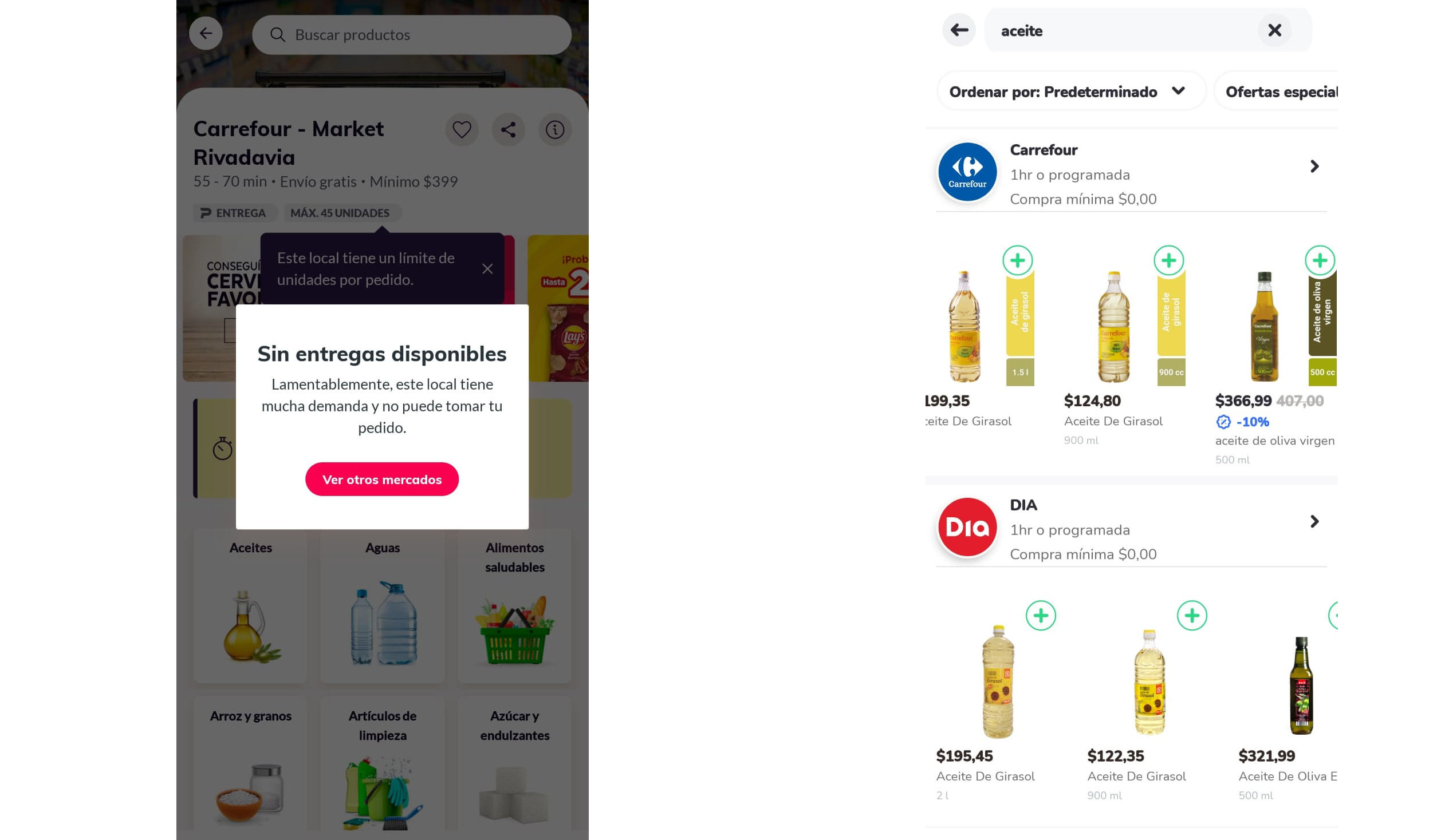Sin entregas disponibles y productos de segunda marca en las apps