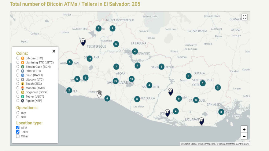 Cajeros ATM Bitcoin en El Salvador. Imagen de CoinATMradar