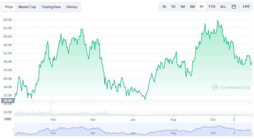 La variación del precio del Bitcoin en el último año. Fuente: coinmarketcap.com.