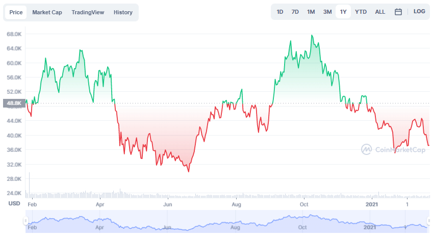 La variación del precio del Bitcoin en el último año. Fuente: coinmarketcap.com.