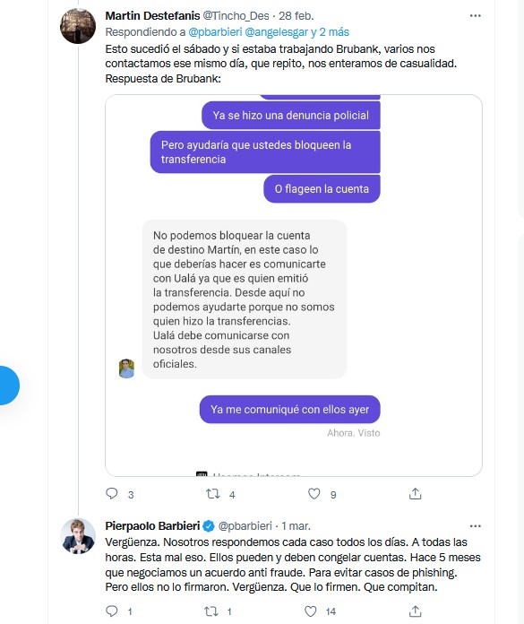 La respuesta de Pierpaolo Barbieri a un usuario de billeteras digitales