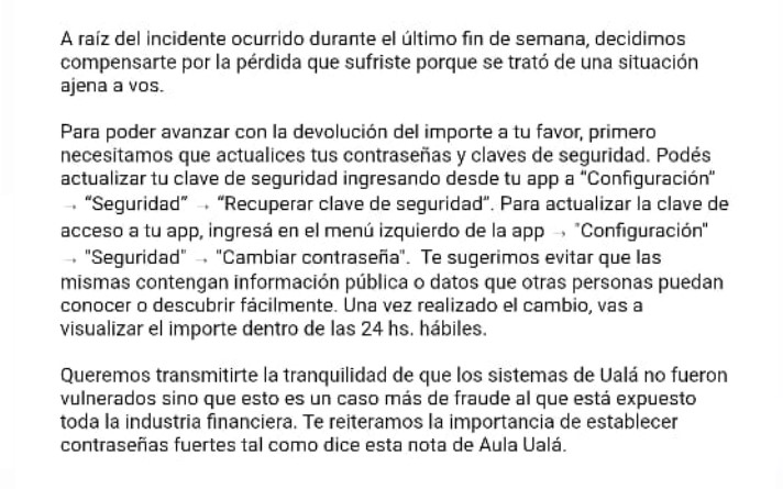 El comunicado que Ualá envió a los afectados