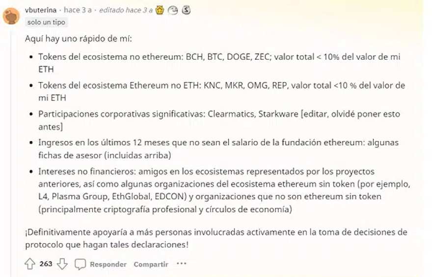 La publicación de Reddit en la que Vitalik 
