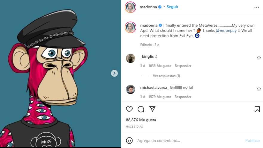 La publicación de Madonna en Instagram sobre los NFT