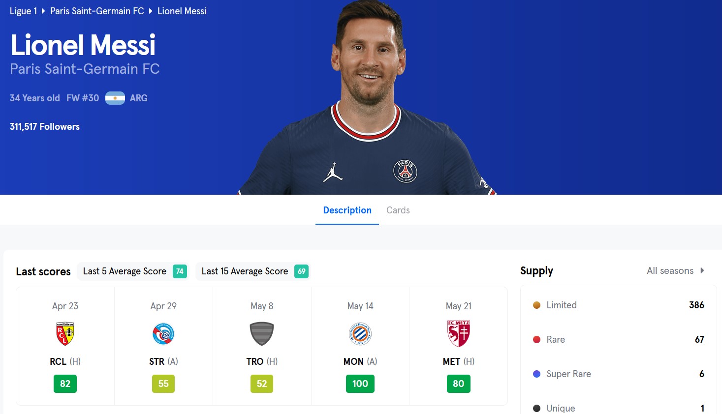 El rendimiento de la carta de Lionel Messi esta temporada en Sorare