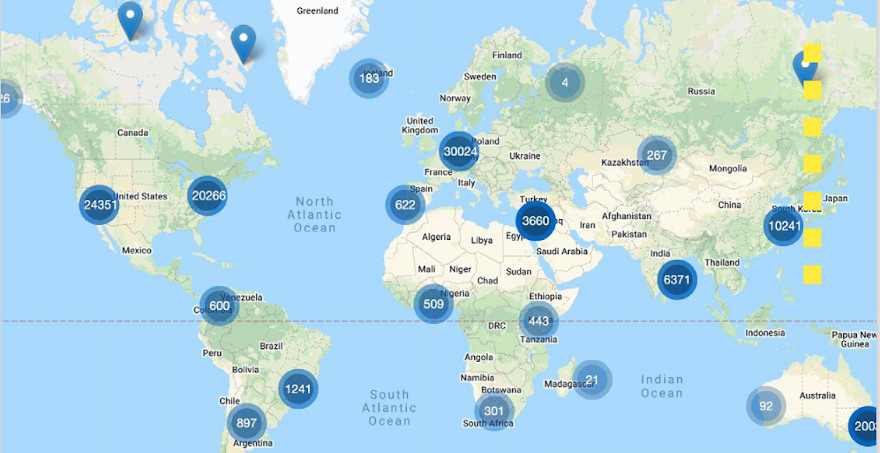 Mapa con myor densidad de startups por país
