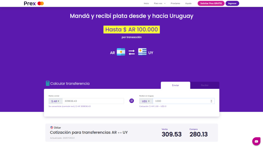 Cotización del dólar en Prex el 20/07/2022
