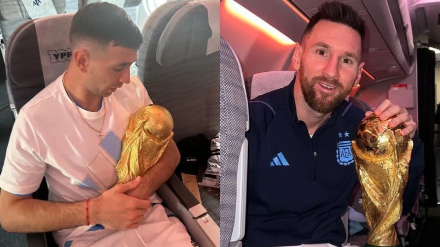 Emiliano 'Dibu' Martínez y Lionel Messi publicaron en sus redes sociales fotos con la Copa en el avión