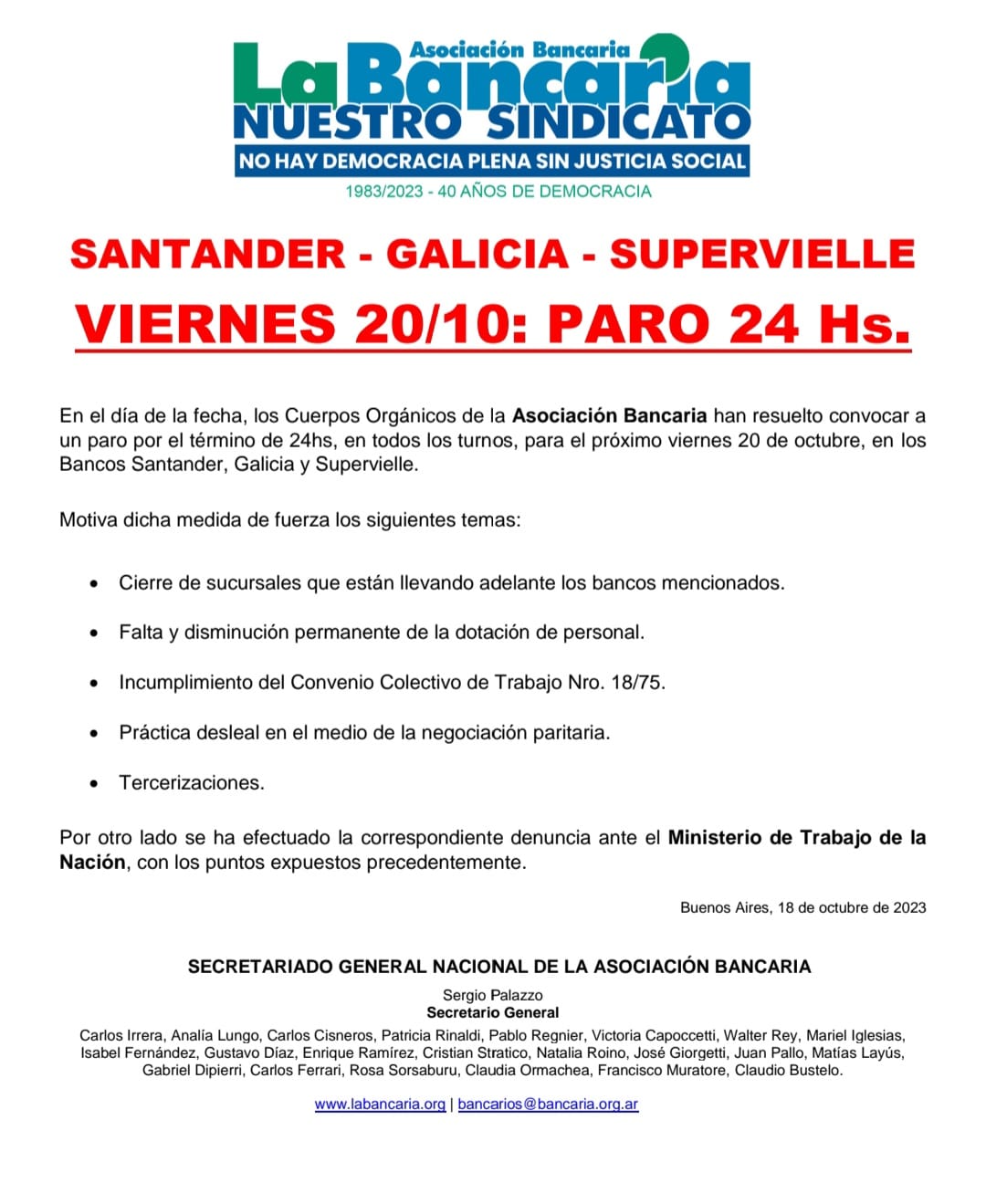 El comunicado de La Bancaria