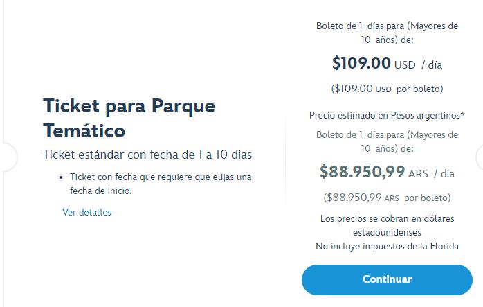 El valor de la entrada, publicado en la web de Disney