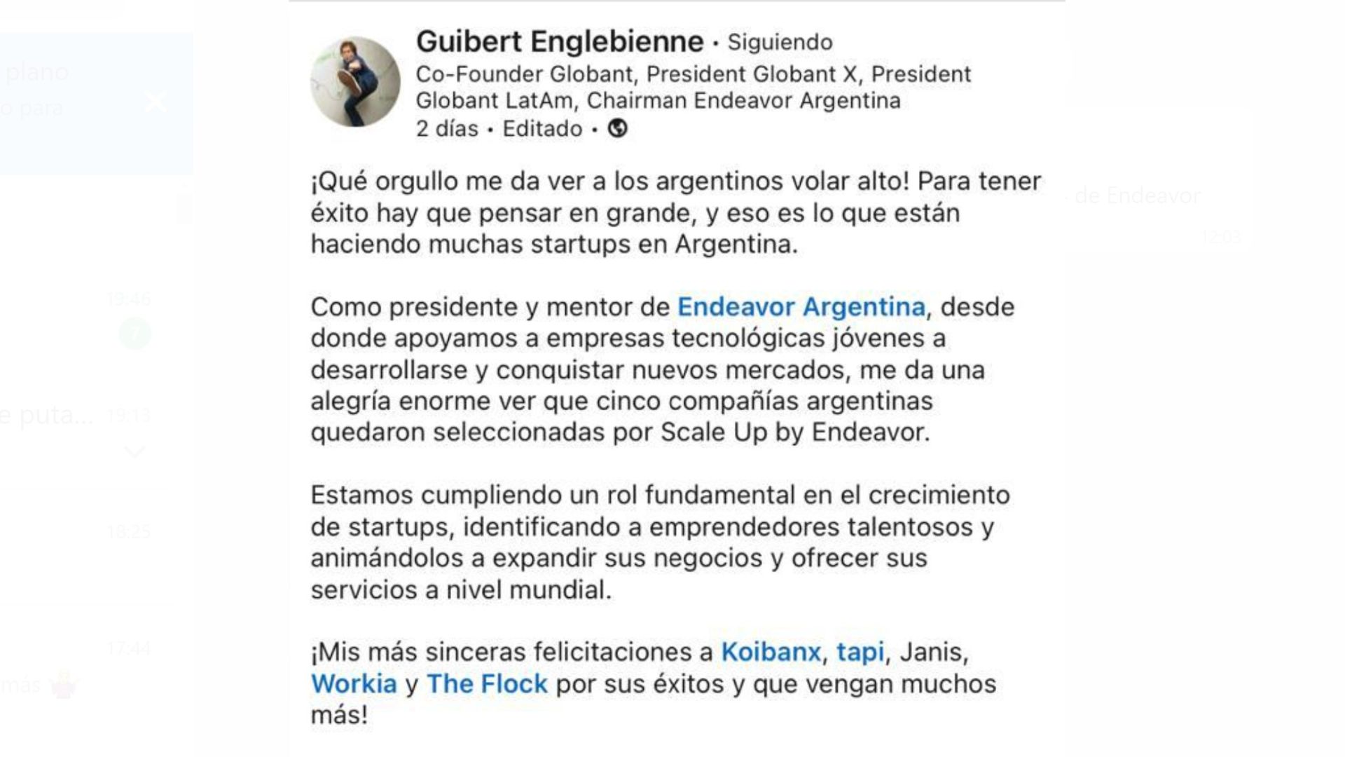 Guibert Englebbiene, cofounder del unicornio Globant, felicitó a The Flock y a las otras startups elegidas por Endeavor para sumarse al programa ScaleUp 2024
