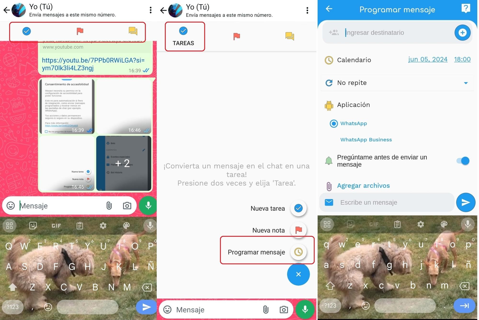 Si se programa desde WhatsApp basta con seleccionar el chat al que se desea enviar el mensaje y hacer clic en la opción 