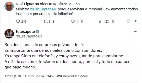 El tuit de Caputo y su queja por los precios de la telefonía celular