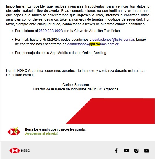La advertencia de HSBC al anunciar el cambio de nombre a Galicia Más para evitar estafas (archivo)