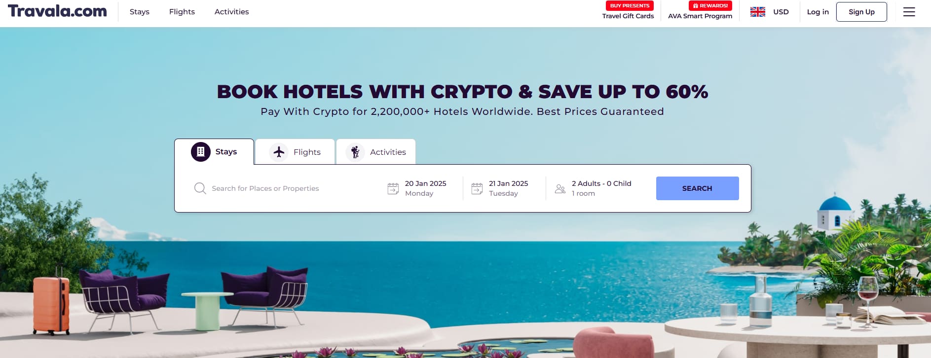 Así es el sitio web de Travala, la plataforma cripto de viajes