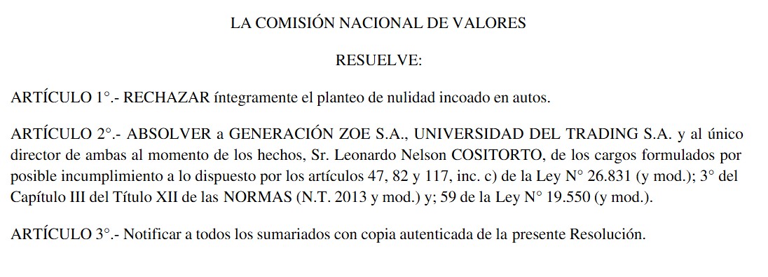 La resolución RRFCO-2025-290 que absuelve a Leonardo Cositorto y Generación Zoe 