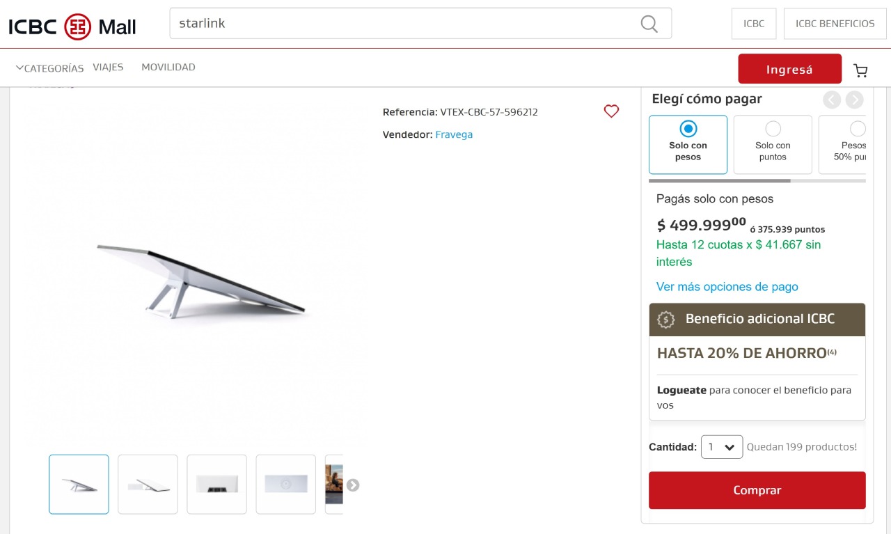 El market de ICBC permite comprar la antena de Starlink en hasta 12 cuotas y con un descuento de 20%