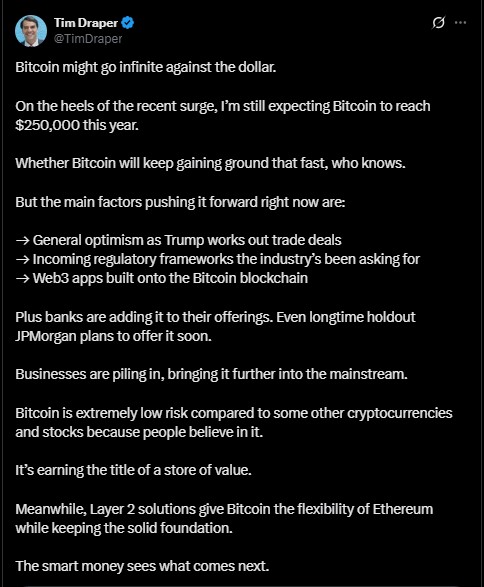 Tim Draper compartió su visión en X