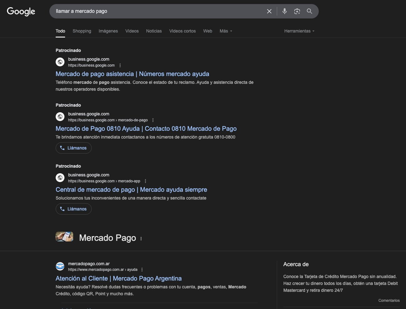Así se ve Google al buscar 'Llamar a Mercado Pago', tal y como compartió Catanzaro