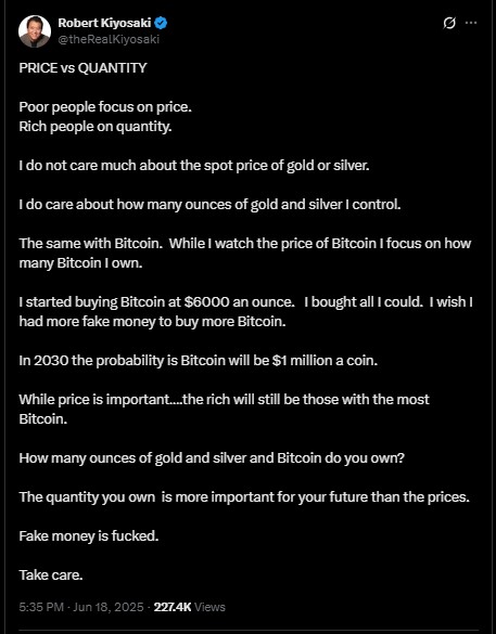 En su publicación Kiyosaki asegura 'La cantidad es más importante para tu futuro que los precios'