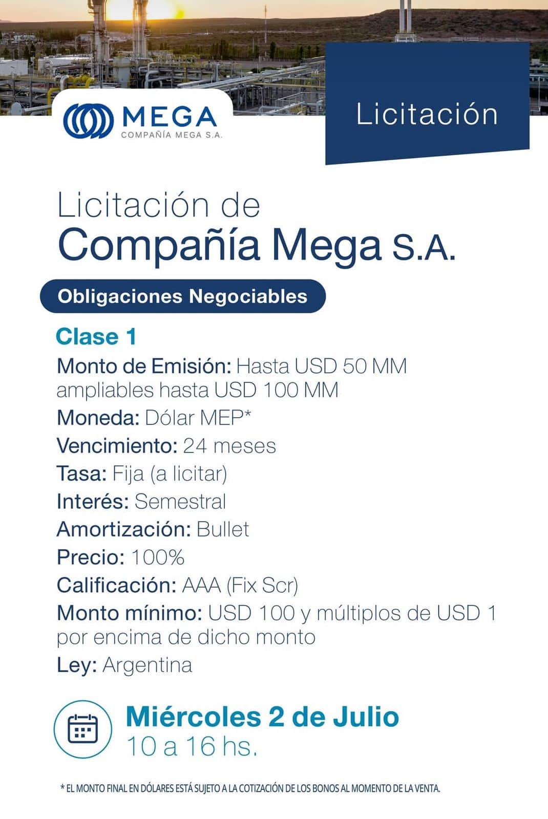 Nueva ON de Compañía MEGA (Fuente: Balanz)