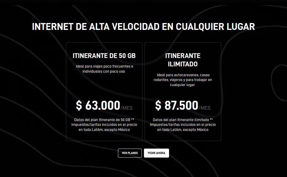 Starlink: valores planes itinerantes