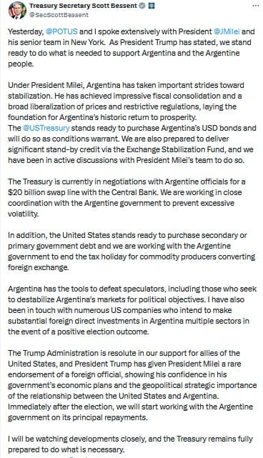 El mensaje de Scott Bessent en X