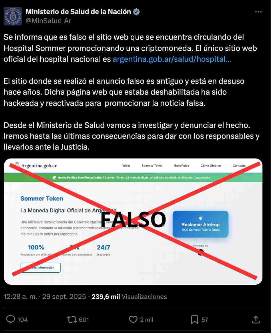 Desde la cuenta de X del Ministerio de Salud denunciaron que el sitio es falso