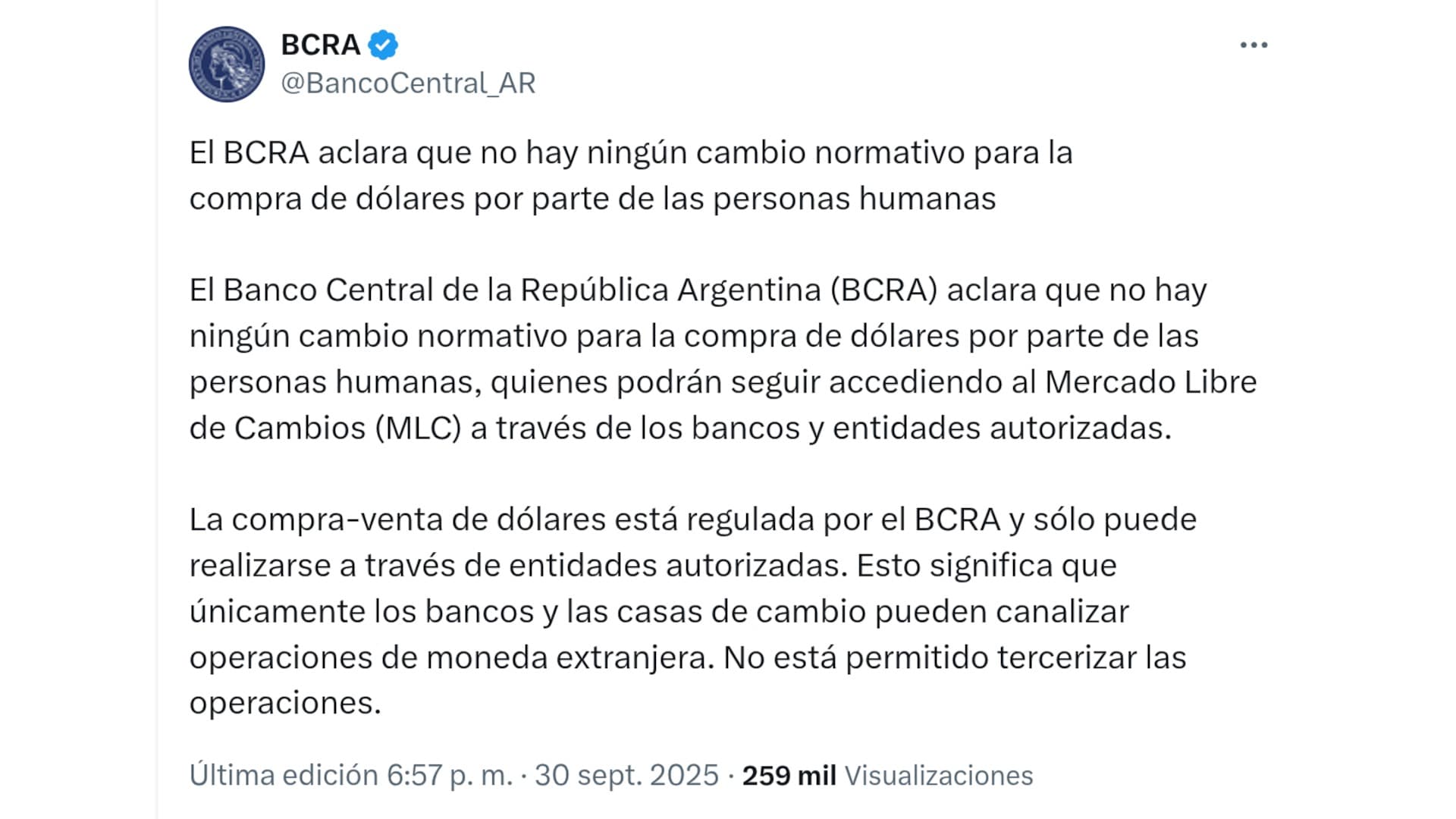 El comunicado en X del Banco Central