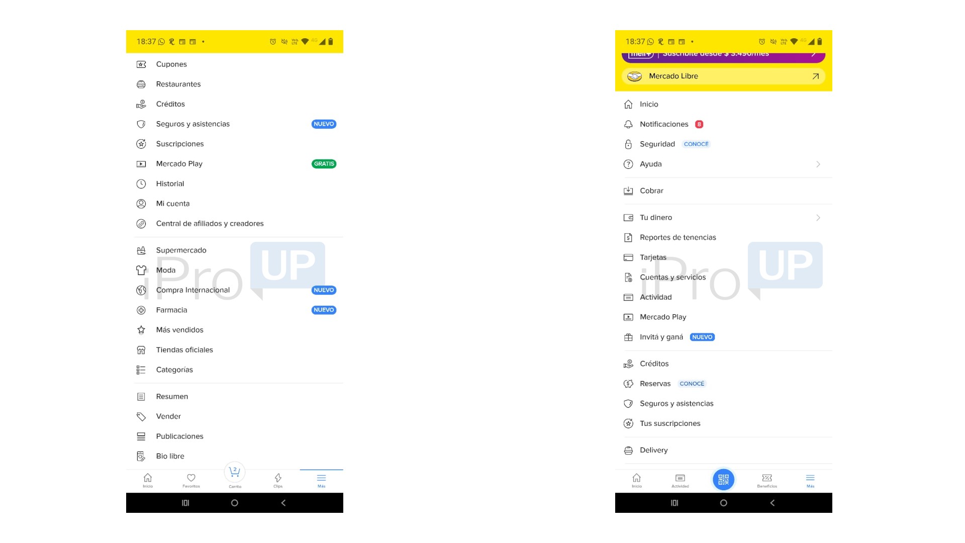 Algunos servicios de MP (der) se mudaron a ML, como Delivery/Restaurantes