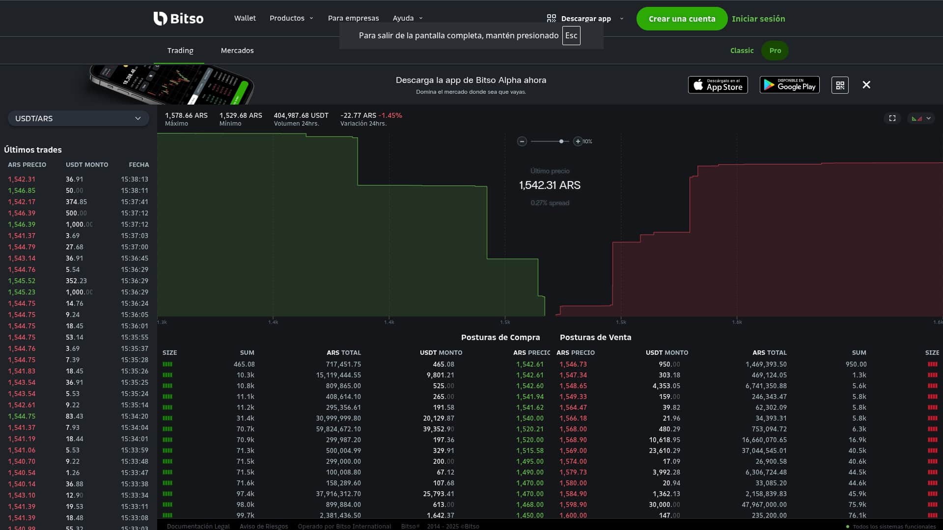 El libro de órdenes en vivo de Bitso