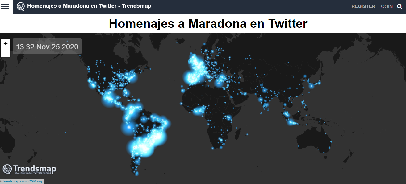 Twitter confeccionó un mapa de calor en el que mostró las conversaciones sobre Maradona en esa red