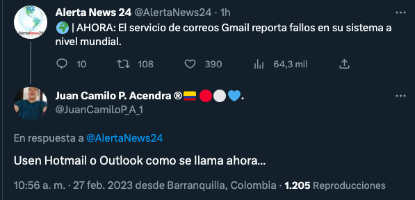 El usuario @JuanCamiloP_A_1 escribió que deberían usar Hotmail o Outlook.