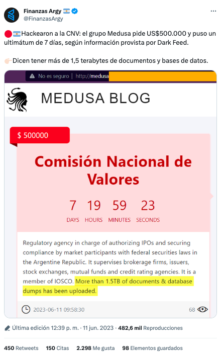Antes de que se emitiera el comunicado oficial, el usuario @FinanzasArgy publicó en Twitter que la CNV fue víctima de un ataque por parte del grupo conocido como 