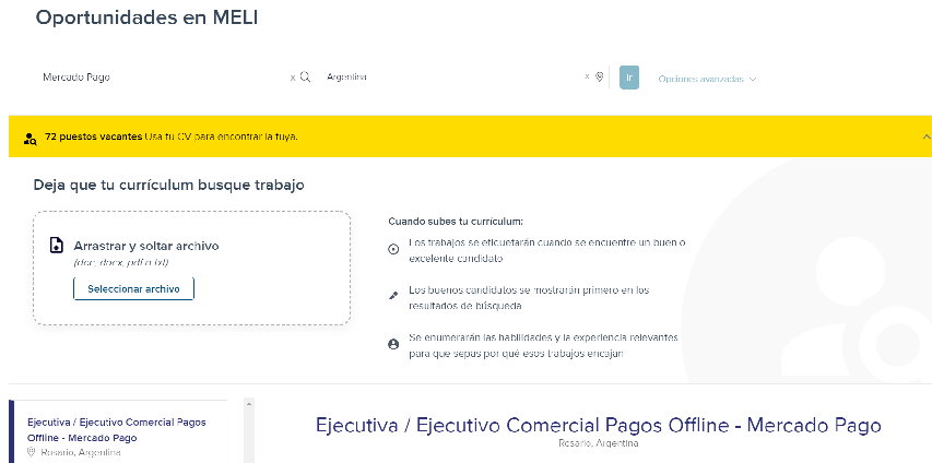 Para conocer las vacantes de Mercado Pago, bastará con ingresar al sitio oficial de MELI y filtrar la búsqueda.